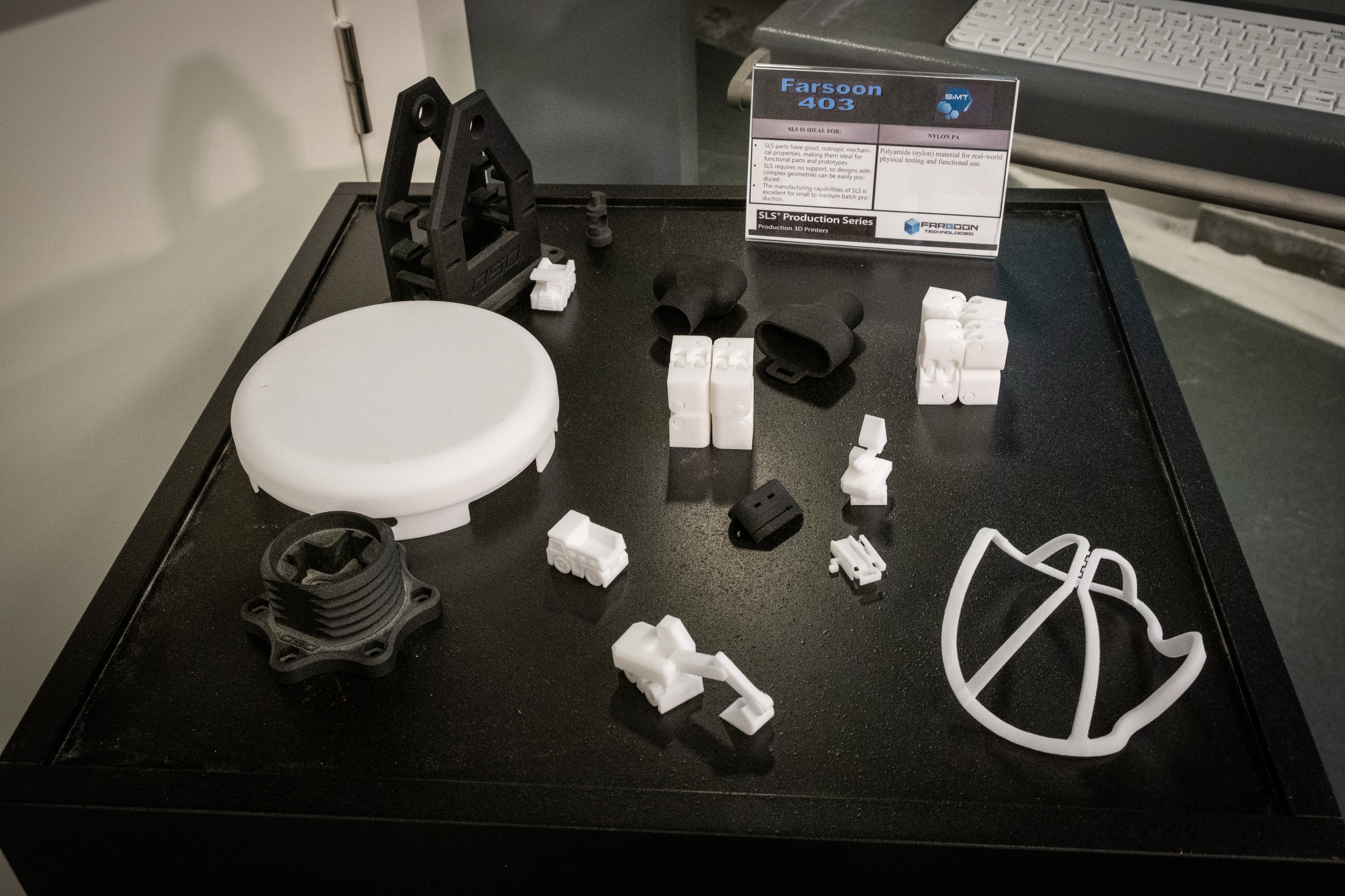 A sampling of 3D printed objects produced by the SiMT's Farsoon 403 printer.