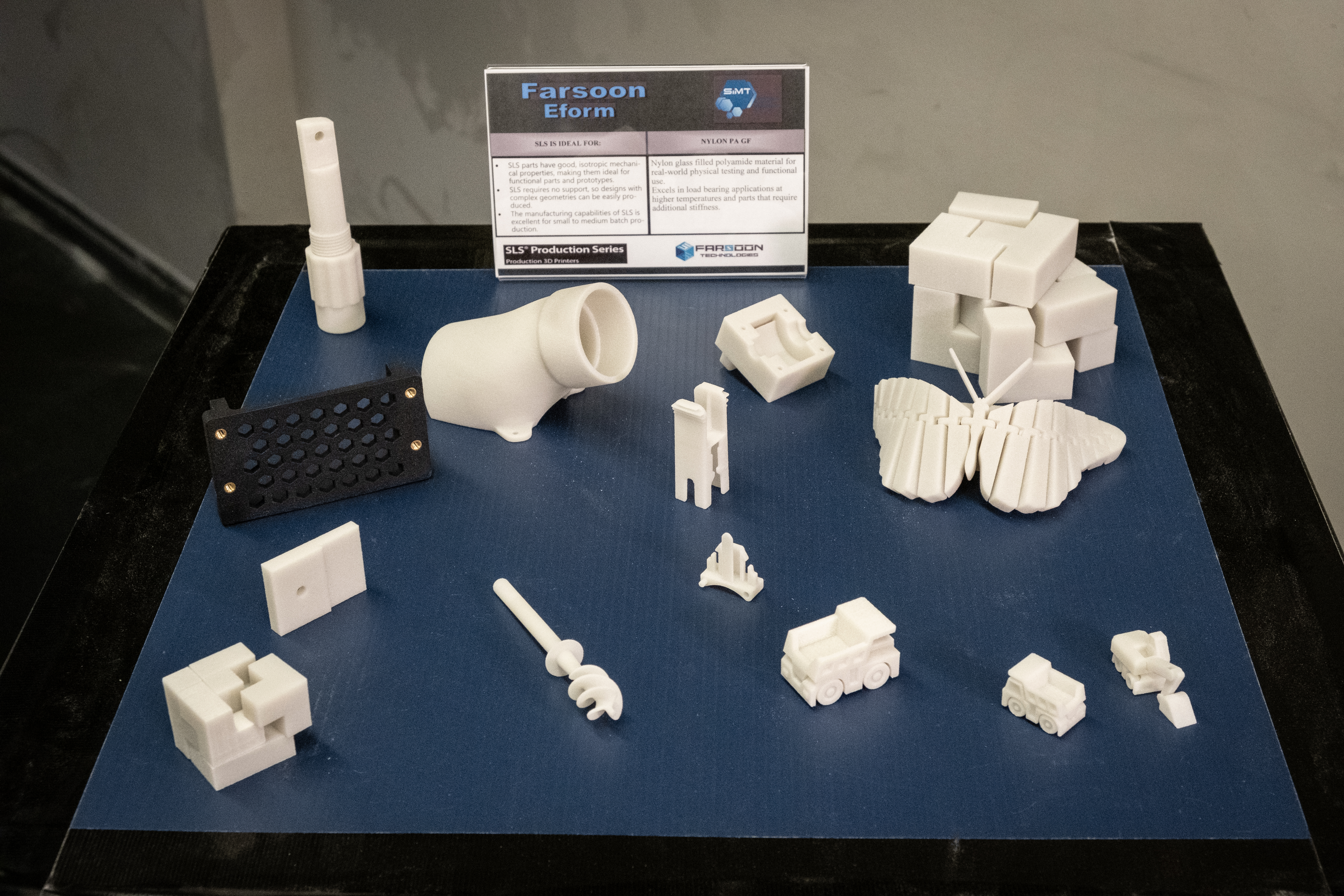 A sampling of 3D printed objects produced by the SiMT's Farsoon Eform printer.
