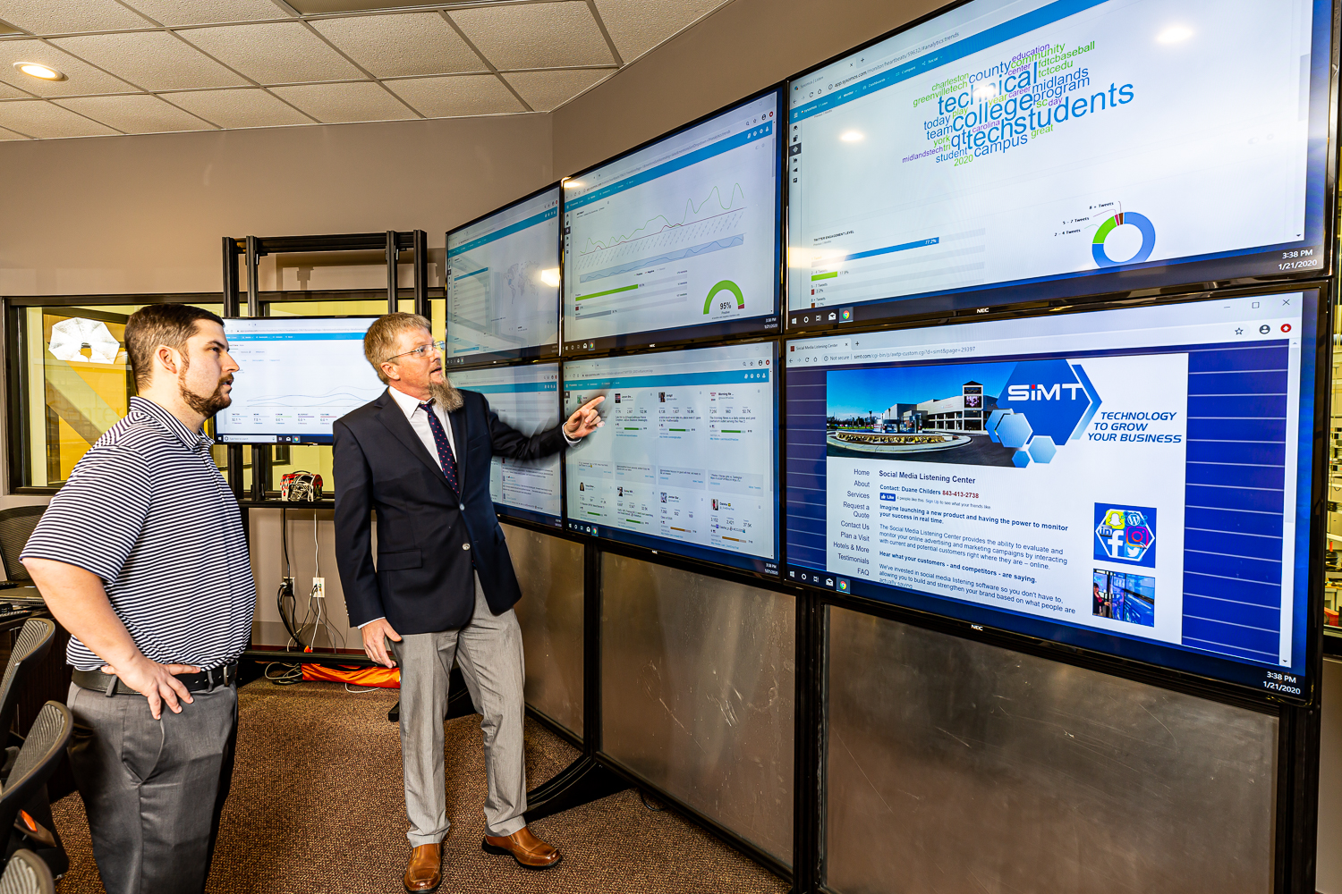 The manager of the Social Media Listening Center shows some of the dashboards used in social media monitoring to a client.